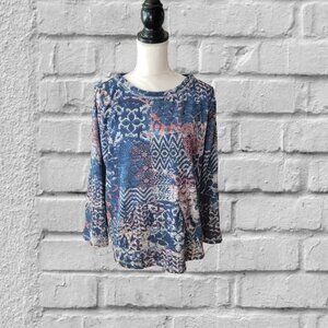 Ruby Rd. Blue Long Sleeve Top with Multi Colors Scoop Neckline in Size LP